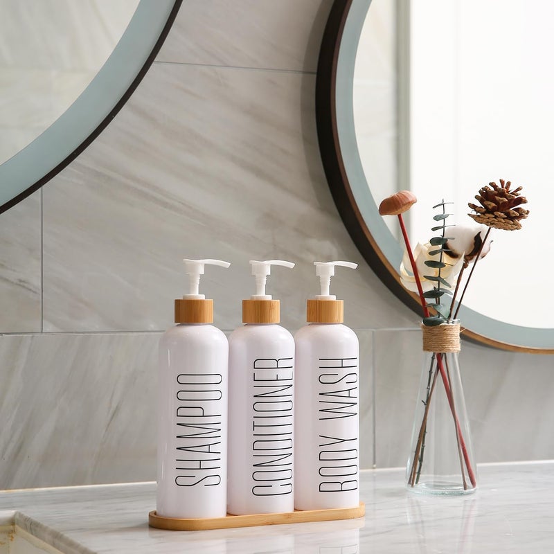 Prus Waso Shampoo and Conditioner Dispenser, Contains Shampoo Conditioner Body Wash Dispenser. Shower Soap Dispenser with Bamboo Pumps & Tray, Perfect for Modern Bathroom Decor. (White) - Image 2
